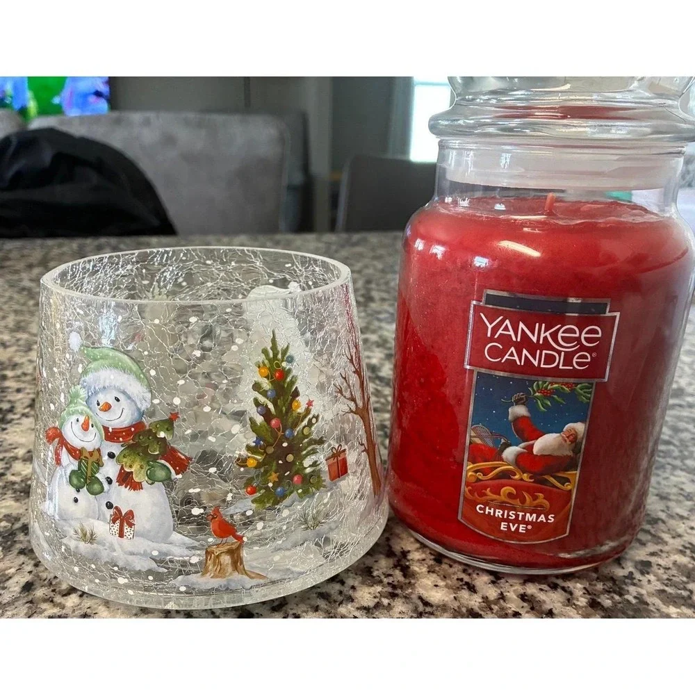 Vintage Yankee Candle Christmas Eve Large Jar 22oz & Crackle Glass Snowman Shade
